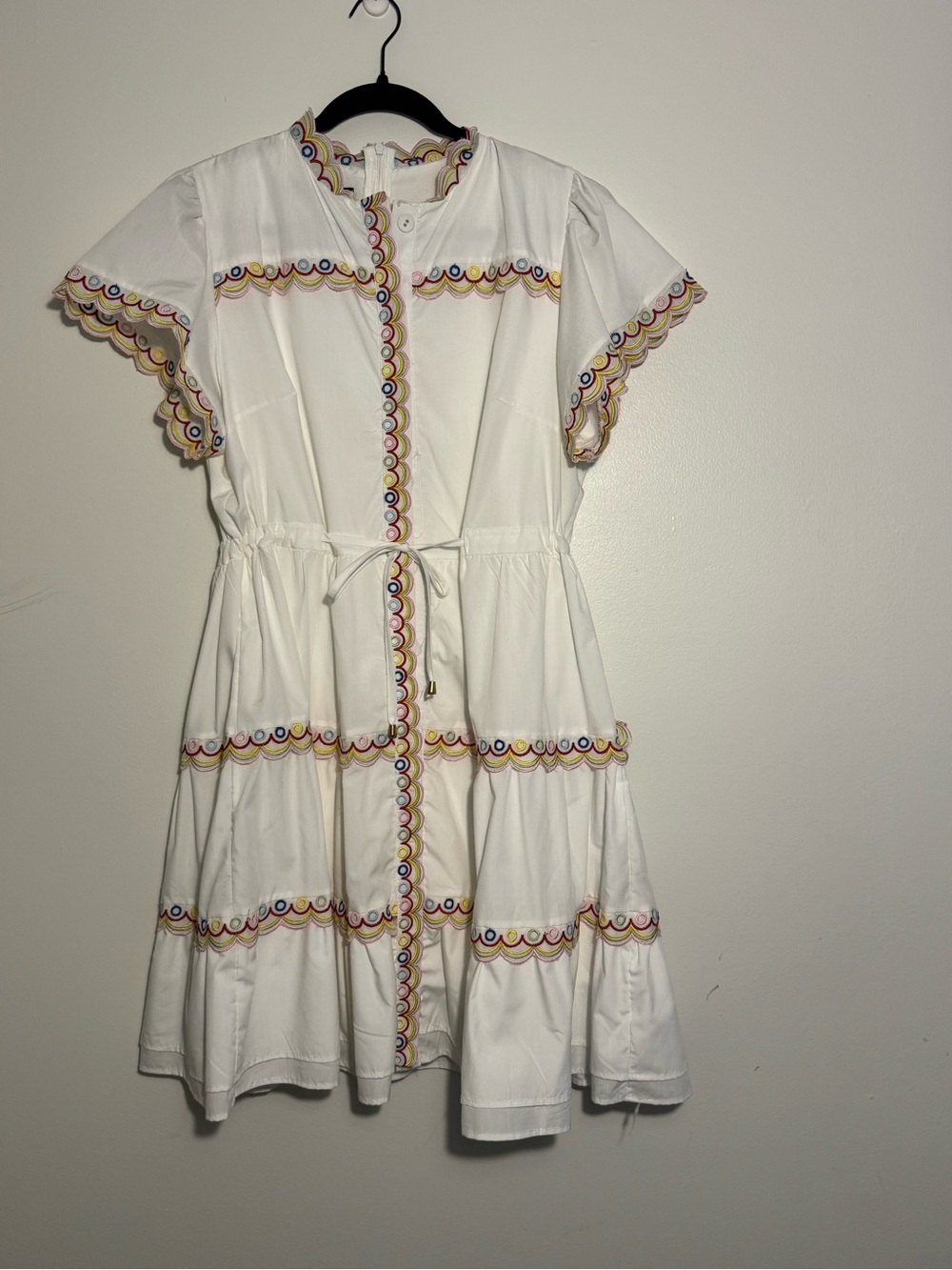 White Tiered Mini Dress with Multicolor Scallop Trim and Drawstring Waist